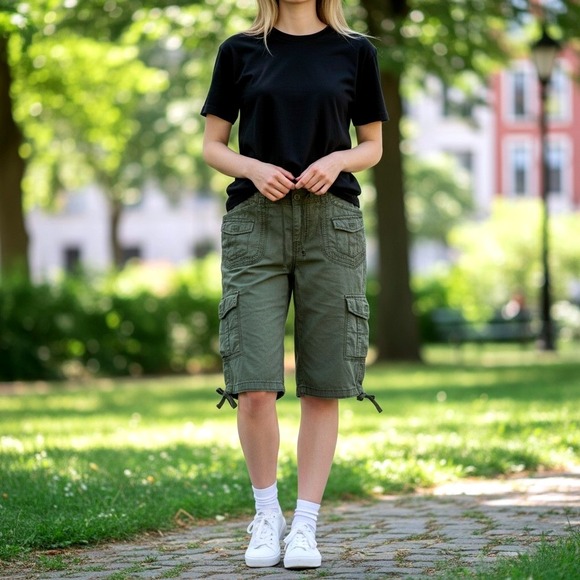 UNIONBAY Pants - Unionbay Womens 7 Cargo Shorts Cotton Olive Green Longline Utility Y2K Gorpcore